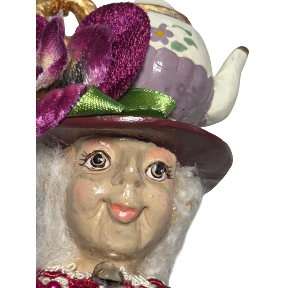 Catherine's Collection Old Lady Teapot Ornament Burgundy Velvet Lace Whimsical - Picture 3 of 11